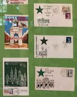 ukázka z panelu "Celiny a pohlednice ze španělských esperantských kongresů" ze sbírky Václava Kaprála z Kazněkjova, předsedy esperantského klubu v Plzni