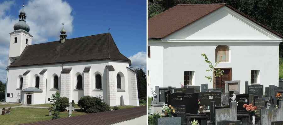 kostel sv. Vavřince ze strany hřbitova a malá hřbitovní márnice.